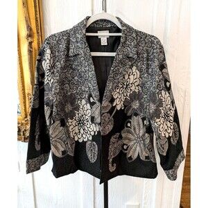 Chico's Women's Jacket Blazer Floral Black Gray Brocade NEW Size 2 (LARGE 12)